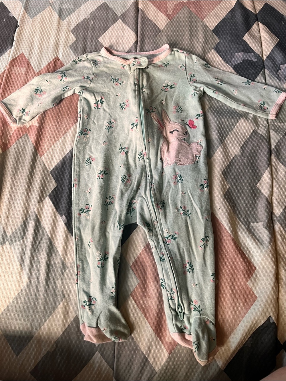 Carter's Mint Floral Footed One-Piece with Pink Bunny